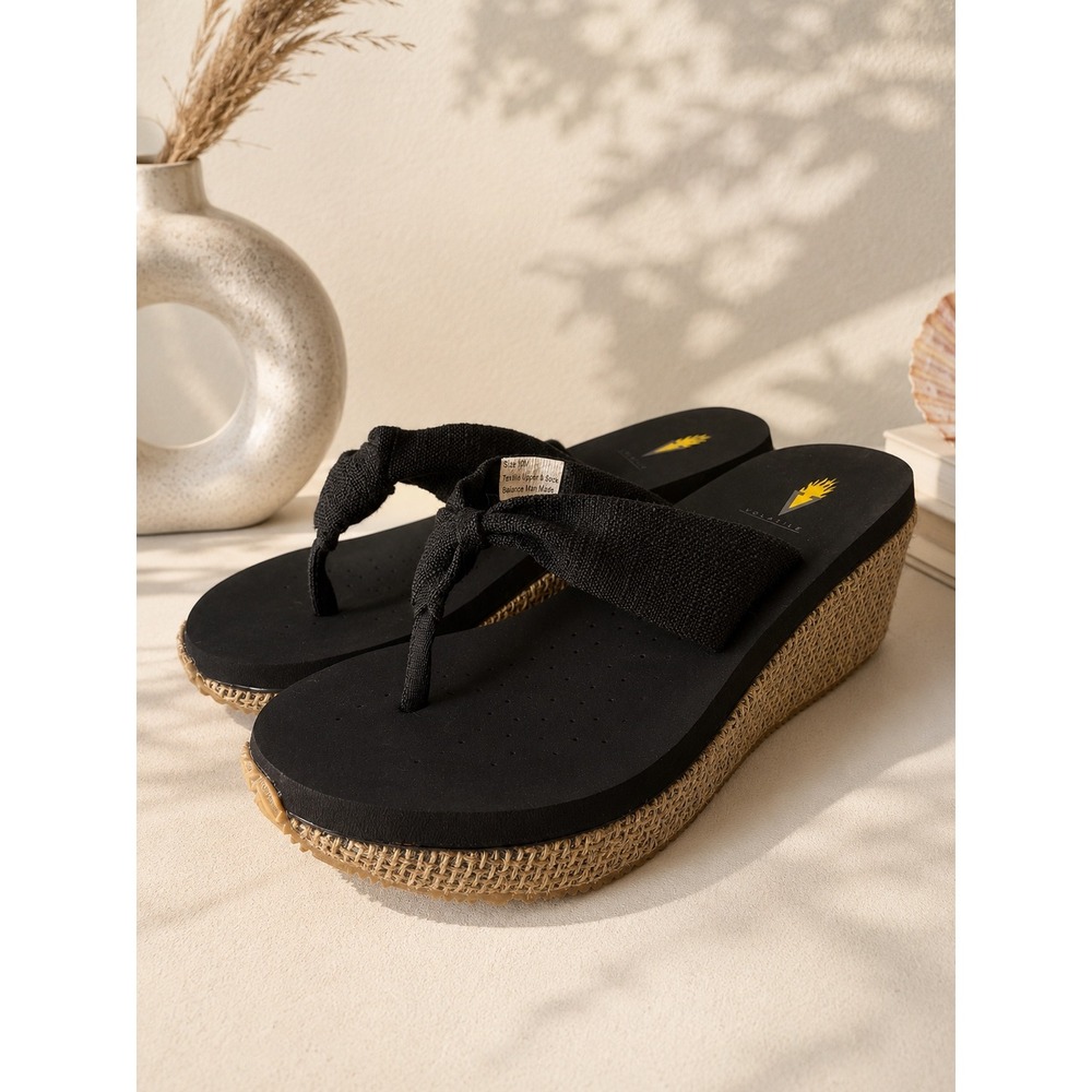 Volatile Womens Black Textile Knot Jute Wrapped Platform Wedge Sandals Size 10